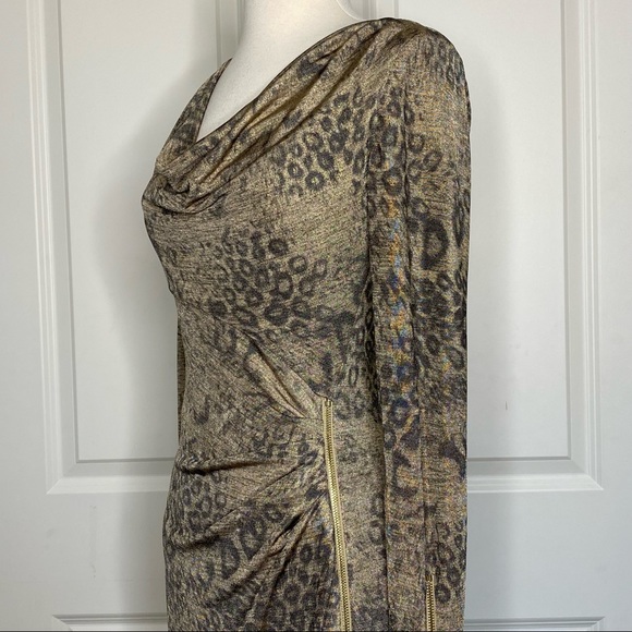 Cache Leopard Ruched Zipper Detail Dress Small Gold Brown Animal Print Stretch - Picture 6 of 12